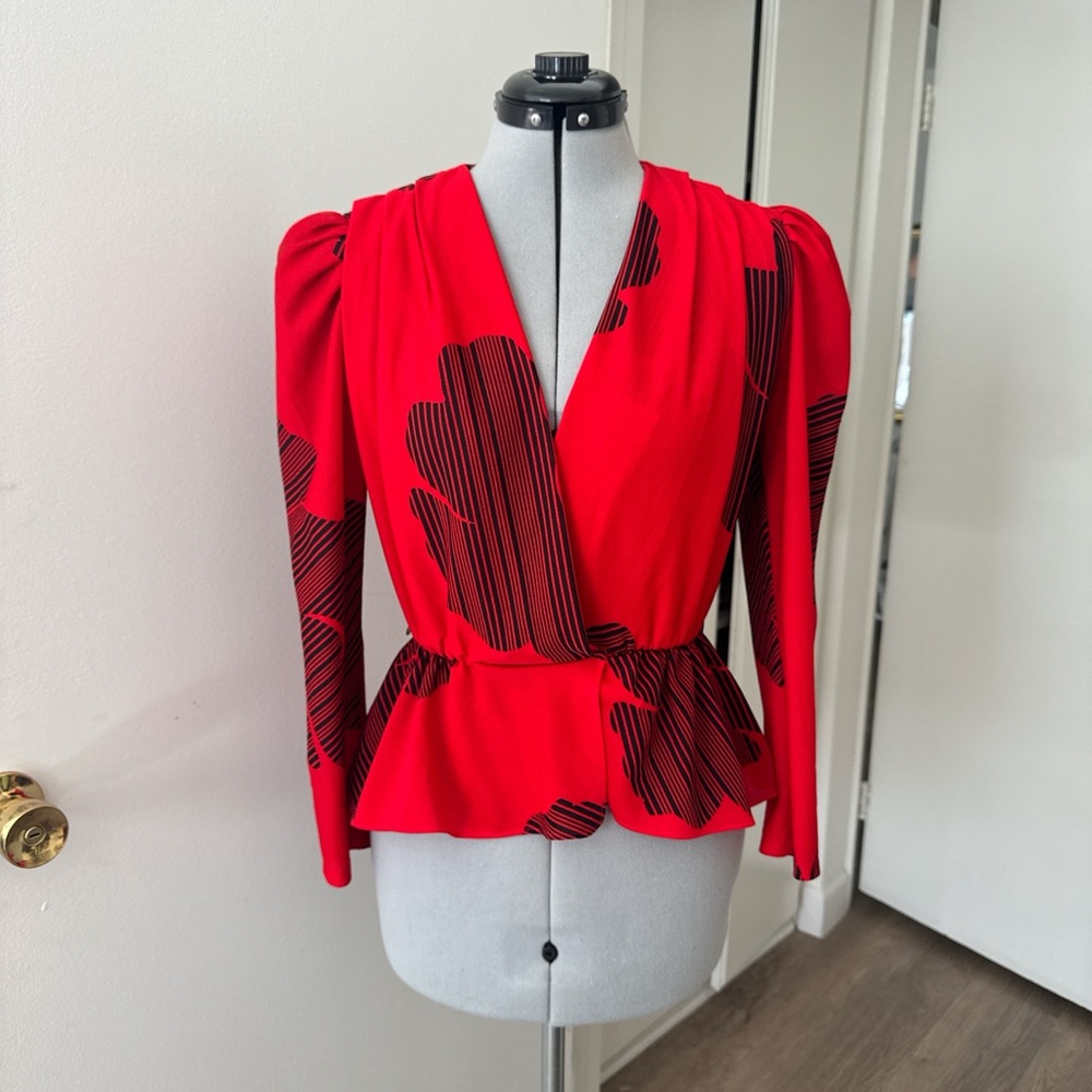 Vintage Red Peplum Top with black floral pattern